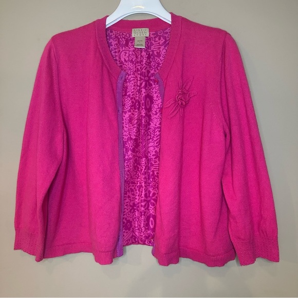 Women Petite Large Pink Cardigan Sweater Silk & Rabbit Barbiecore Flower Girly - Picture 2 of 12